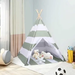 vidaXL Estructuras Para Juegos Al Aire Libre-Tienda para niños Rayado Gris y blanco 120 x 120 x 150 cm