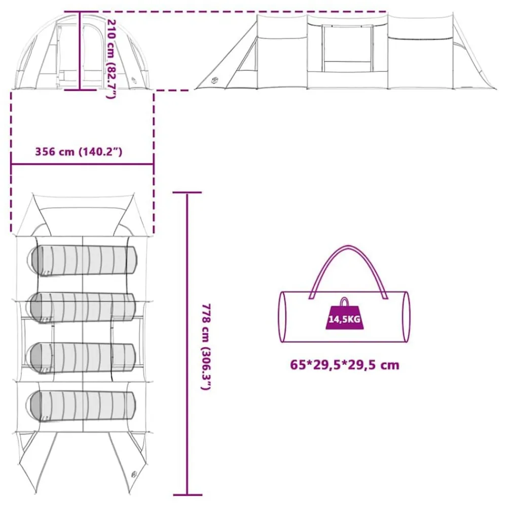 vidaXL Tienda túnel para 4 personas y 778 x 356 x 210 cm Verde Clearance