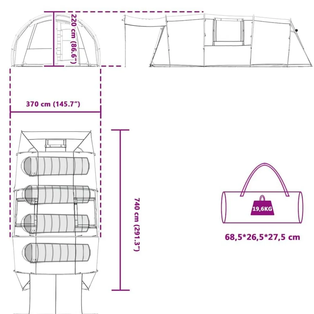 vidaXL Actividades Al Aire Libre-Tienda túnel para 4 personas y 740 x 370 x 220 cm