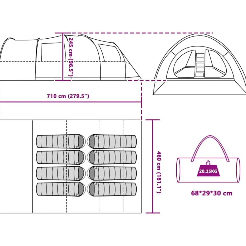 vidaXL Tienda túnel para 8 personas con techo 710 x 460 x 245 cm Verde Sale