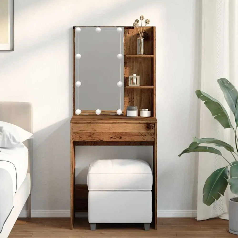 vidaXL Mesas-Tocador con luces LED madera envejecida 60x40x140 cm