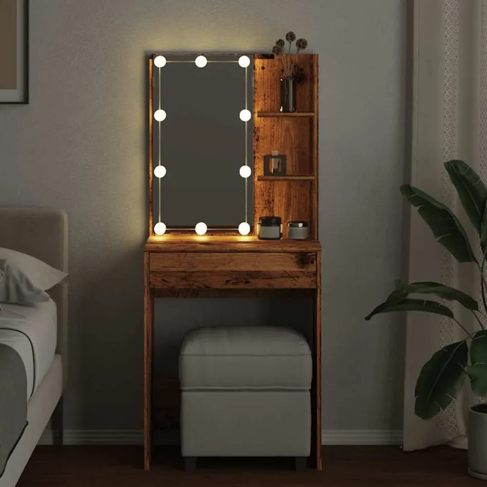 vidaXL Mesas-Tocador con luces LED madera envejecida 60x40x140 cm