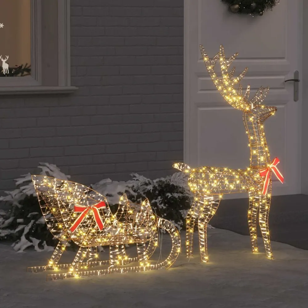 vidaXL Decoración-trineo tirado por reno con 200 LED cálido 70 x 26 x 129 cm PET