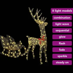 vidaXL Decoración-trineo tirado por reno con 200 LED cálido 70 x 26 x 129 cm PET