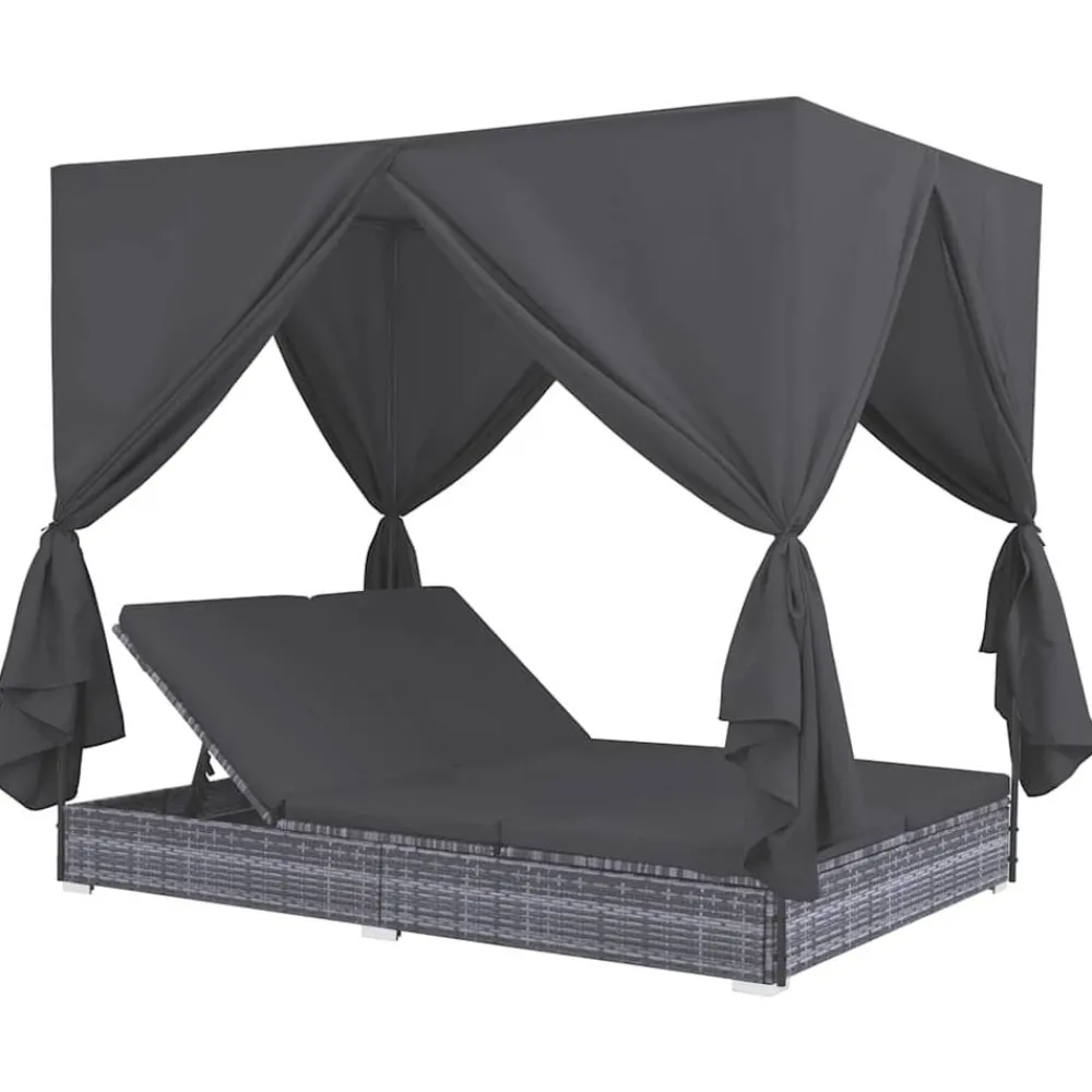 vidaXL Muebles De Jardín-Tumbona cama con cortinas de ratán sintético gris