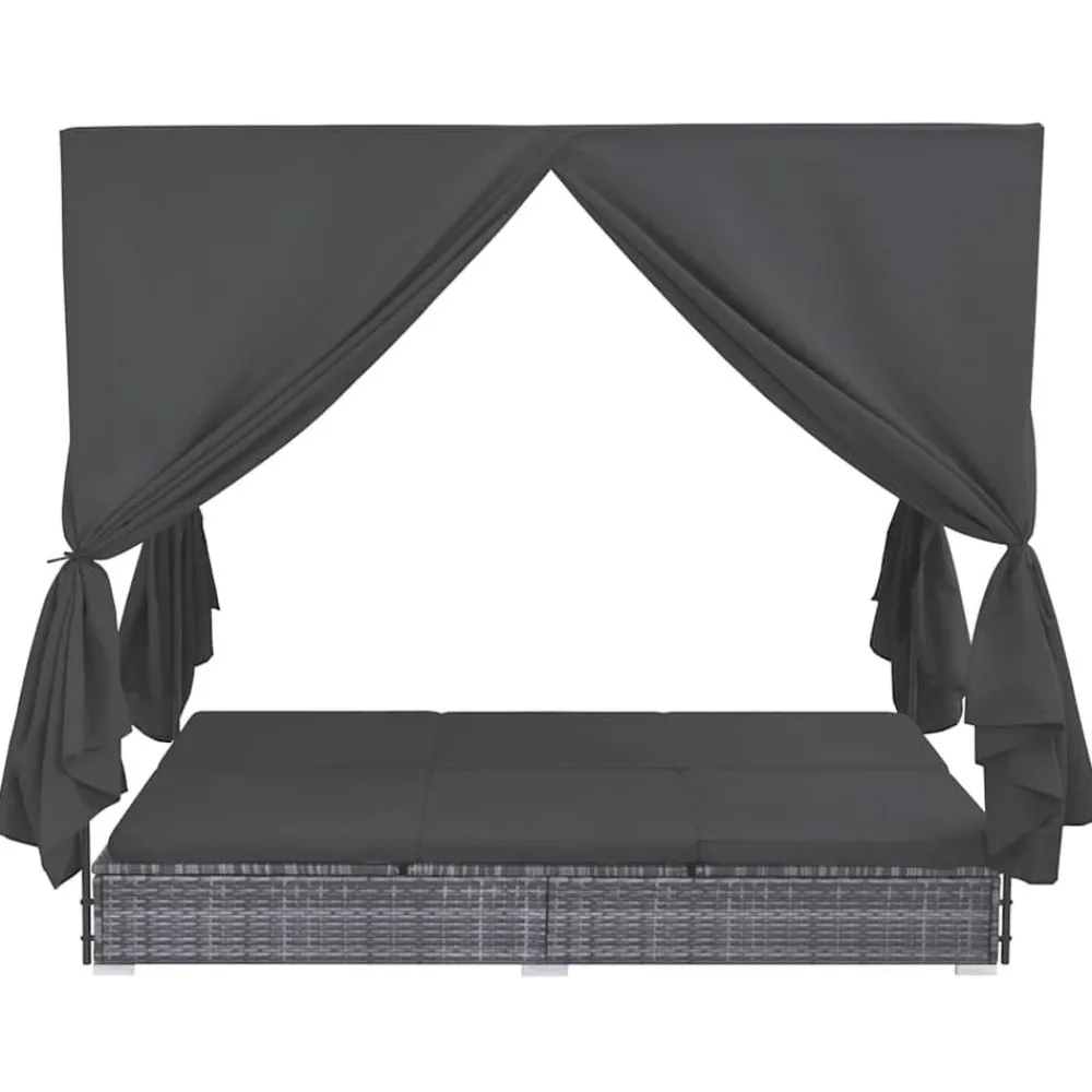 vidaXL Muebles De Jardín-Tumbona cama con cortinas de ratán sintético gris