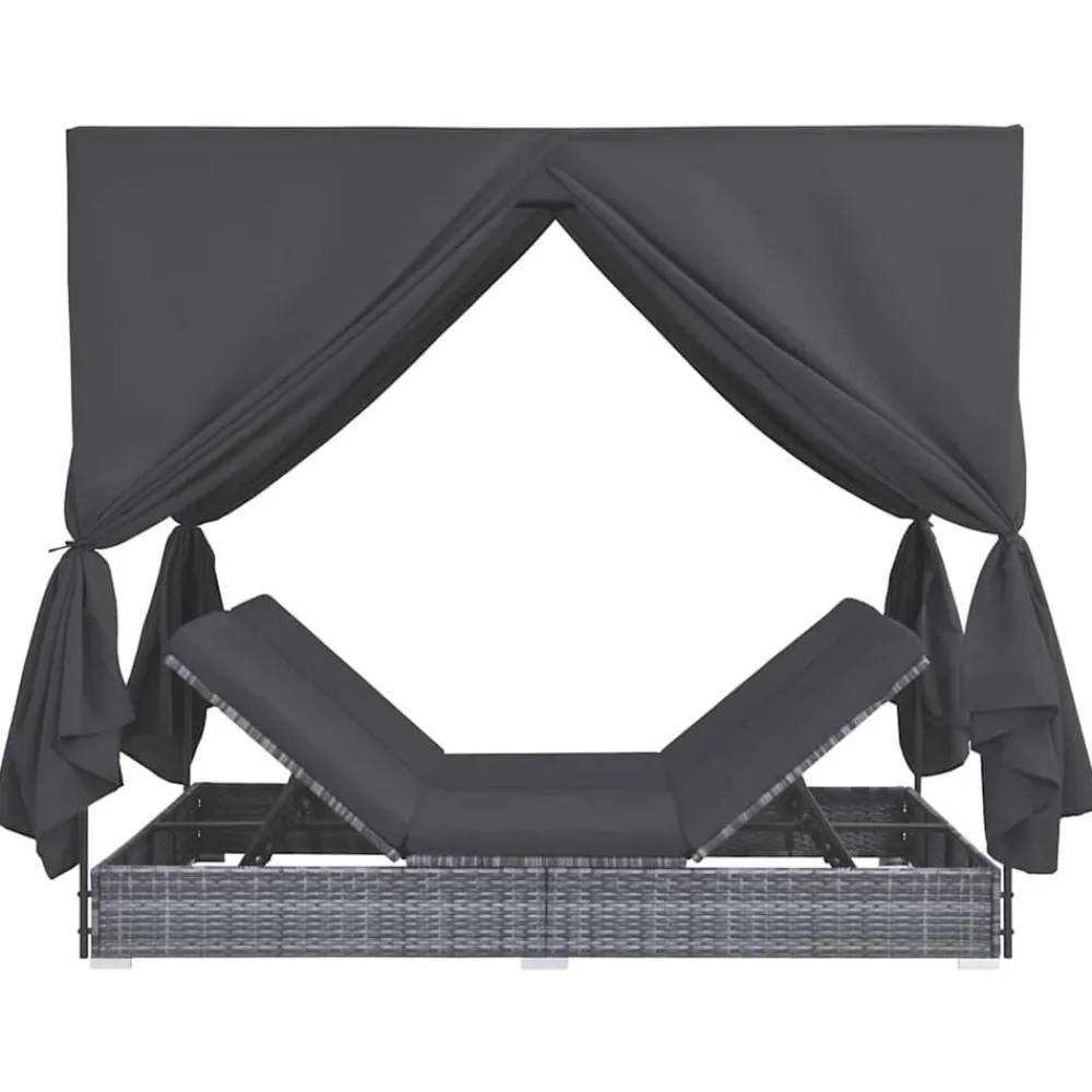 vidaXL Muebles De Jardín-Tumbona cama con cortinas de ratán sintético gris