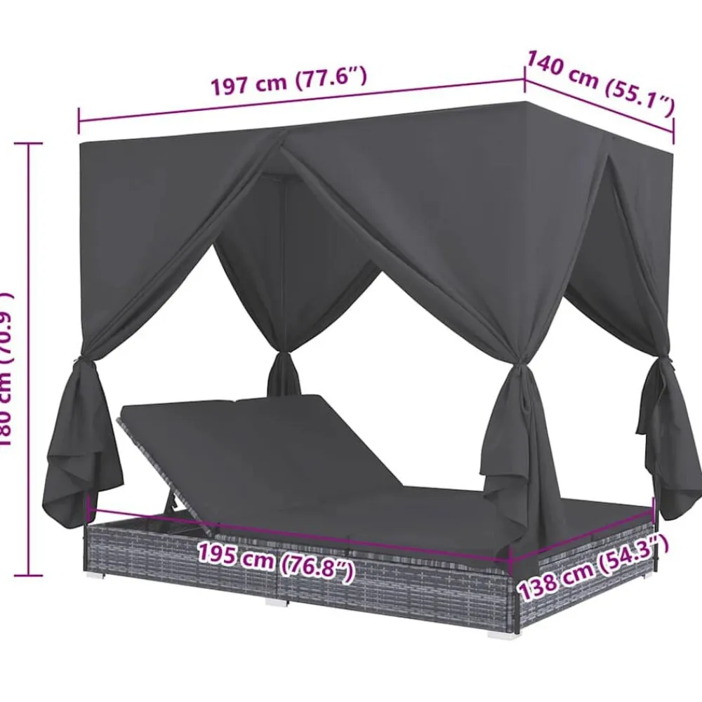 vidaXL Muebles De Jardín-Tumbona cama con cortinas de ratán sintético gris