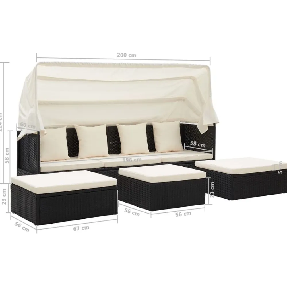 vidaXL Tumbona cama jardín techo ratán sintético Negro New