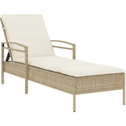 vidaXL Tumbona con cojín ratán sintético beige 63x200x81 cm beige y blanco crema Outlet