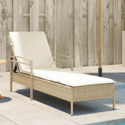 vidaXL Tumbona con cojín ratán sintético beige 63x200x81 cm beige y blanco crema Outlet