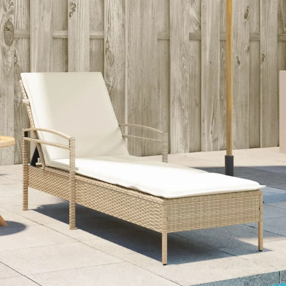 vidaXL Tumbona con cojín ratán sintético beige 63x200x81 cm beige y blanco crema Outlet