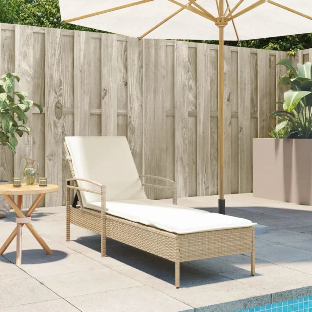 vidaXL Tumbona con cojín ratán sintético beige 63x200x81 cm beige y blanco crema Outlet