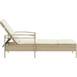 vidaXL Tumbona con cojín ratán sintético beige 63x200x81 cm beige y blanco crema Outlet