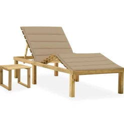 vidaXL Tumbona de jardín con mesa y cojín de madera de pino impregnada Beige New