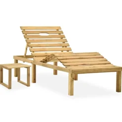 vidaXL Tumbona de jardín con mesa y cojín de madera de pino impregnada Beige New