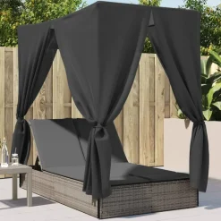 vidaXL Muebles De Jardín-Tumbona doble con techo y cortinas ratán sintético