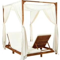 vidaXL Tumbona doble con cortinas y cojines madera maciza de acacia Blanco crema Best