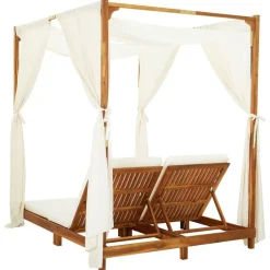 vidaXL Tumbona doble con cortinas y cojines madera maciza de acacia Blanco crema Best
