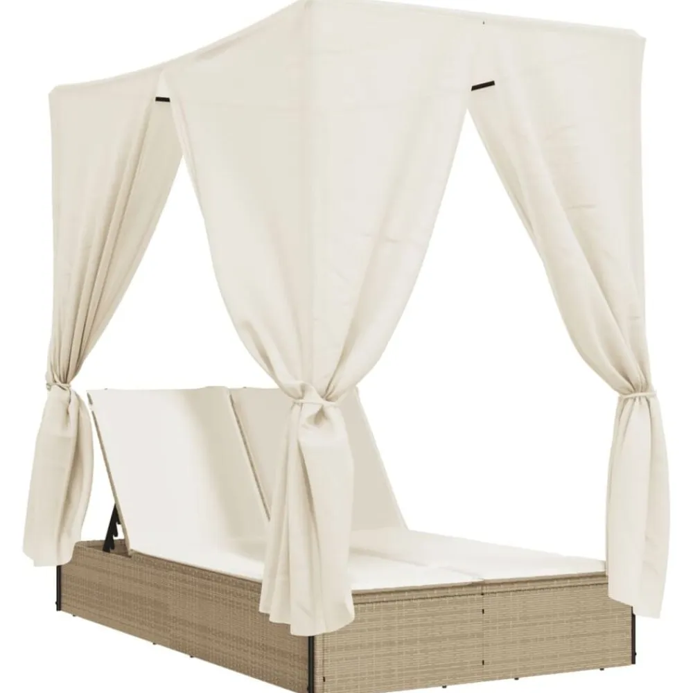 vidaXL Muebles De Jardín-Tumbona doble con techo y cortinas ratán sintético beige