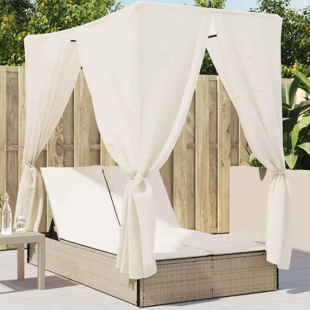 vidaXL Muebles De Jardín-Tumbona doble con techo y cortinas ratán sintético beige