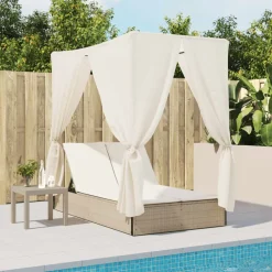 vidaXL Muebles De Jardín-Tumbona doble con techo y cortinas ratán sintético beige