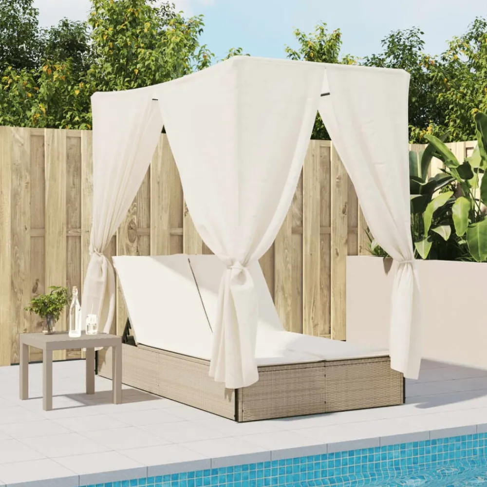 vidaXL Muebles De Jardín-Tumbona doble con techo y cortinas ratán sintético beige