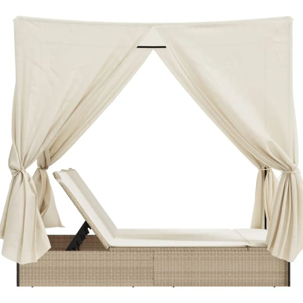 vidaXL Muebles De Jardín-Tumbona doble con techo y cortinas ratán sintético beige