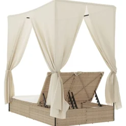 vidaXL Muebles De Jardín-Tumbona doble con techo y cortinas ratán sintético beige