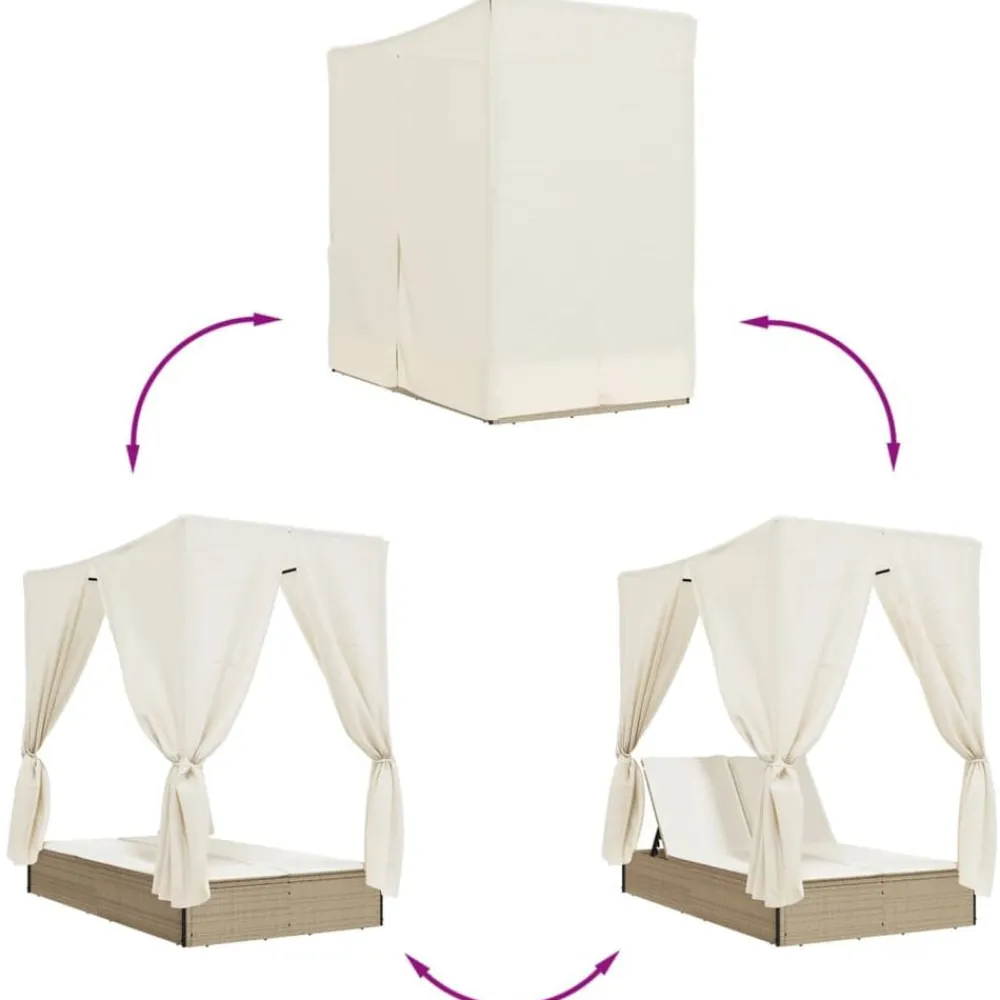vidaXL Muebles De Jardín-Tumbona doble con techo y cortinas ratán sintético beige