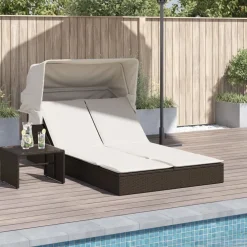 vidaXL Muebles De Jardín-Tumbona doble con capota y cojines ratán sintético marrón