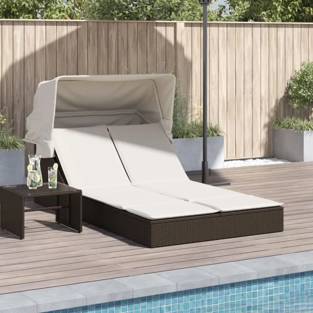 vidaXL Muebles De Jardín-Tumbona doble con capota y cojines ratán sintético marrón