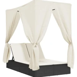 vidaXL Muebles De Jardín-Tumbona doble con techo y cortinas ratán sintético