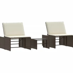 vidaXL Muebles De Jardín-Tumbonas 2 unidades con mesa de ratán sintético marrón