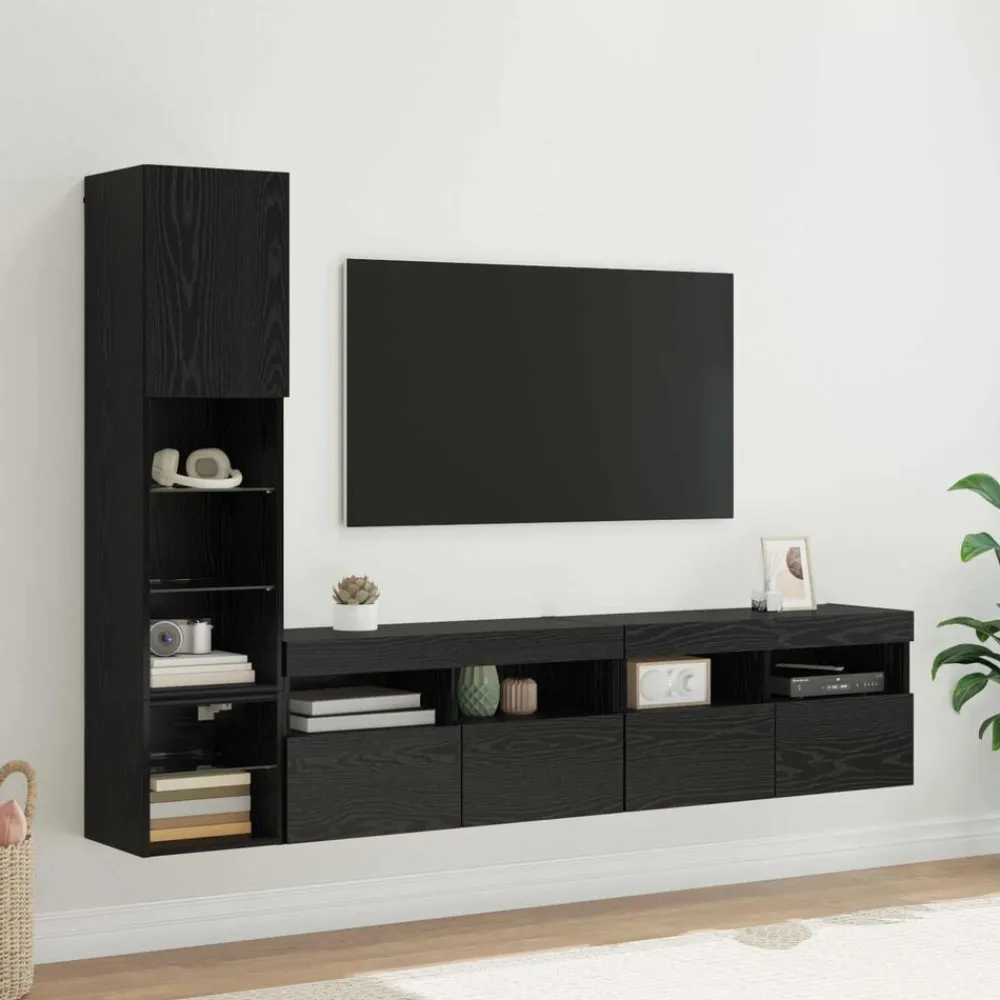 vidaXL Unidad de Pared para TV 4 pcs Madera de ingeniería Roble negro Clearance