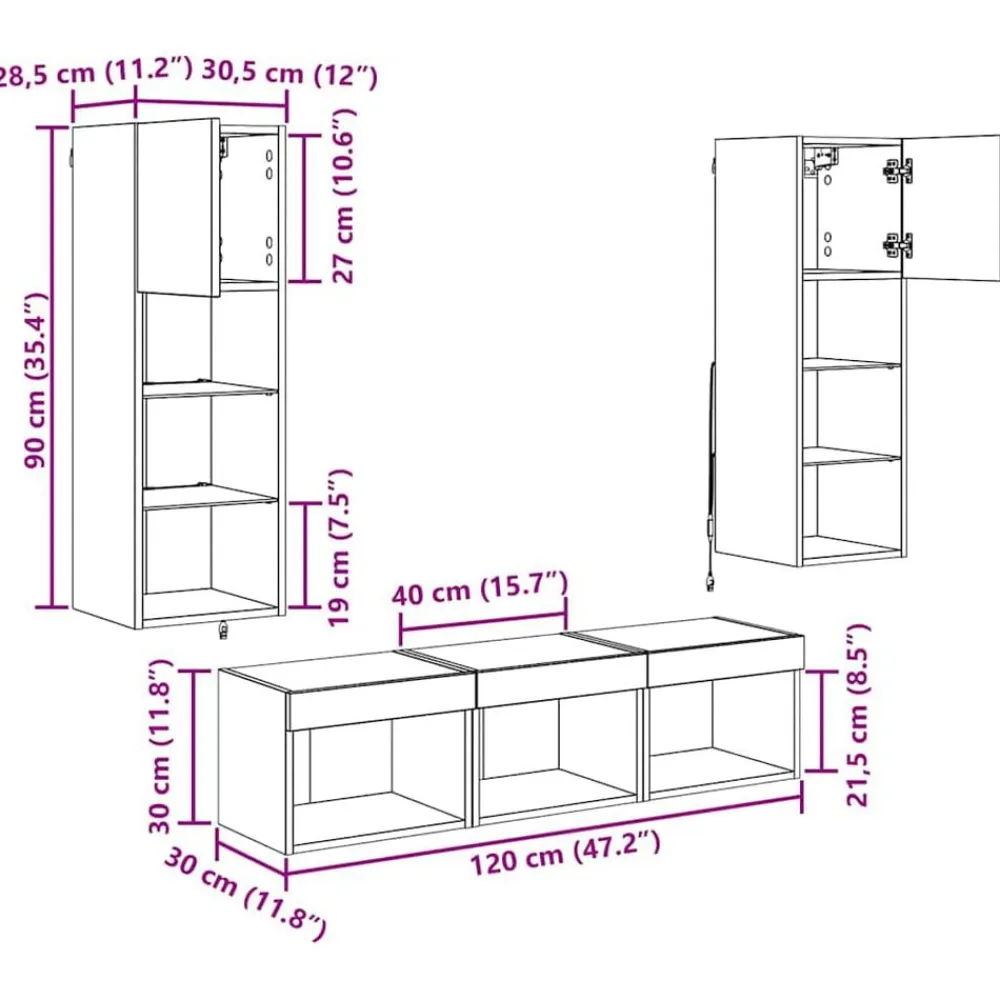 vidaXL Unidades de pared para TV Montaje en la pared 5 pcs Roble Negro Madera vieja Best