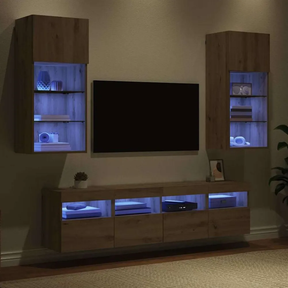 vidaXL Unidades de TV de Pared con LED 5 pcs Roble artesanal Roble artisan New