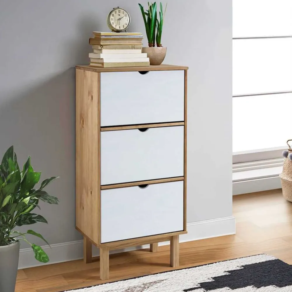 vidaXL Productos Del Hogar-Zapatero con 3 cajones OTTA madera maciza pino marrón blanco