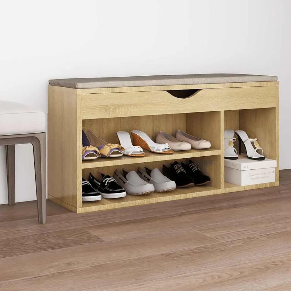 vidaXL Zapatero con cojín madera ingeniería sonoma 104x30x49 cm Roble Sonoma Discount