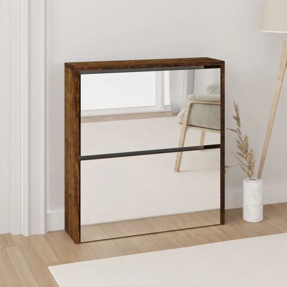 vidaXL Zapatero con espejo 2 niveles 63x17x67 cm Roble ahumado New