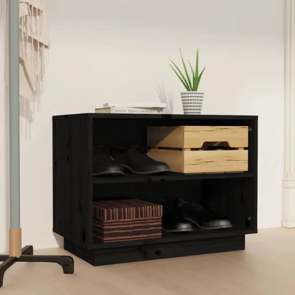 vidaXL Zapatero de madera maciza de pino 60x34x45 cm Negro New