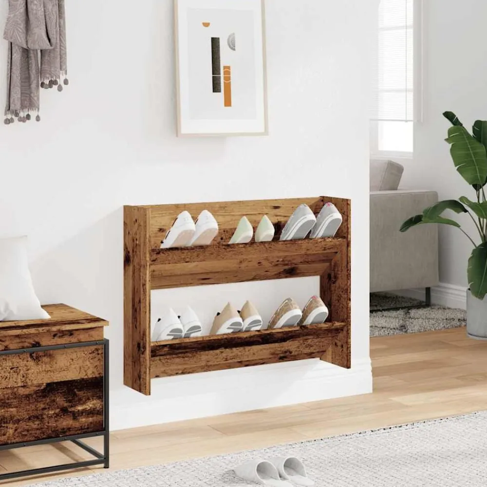 vidaXL Productos Del Hogar-Zapatero de pared madera de ingeniería envejecida 80x18x60 cm