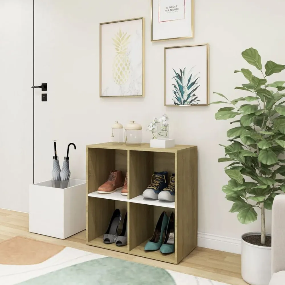 vidaXL Zapatero de recibidor contrachapado blanco roble 105x35,5x70 cm Blanco y roble sonoma Online
