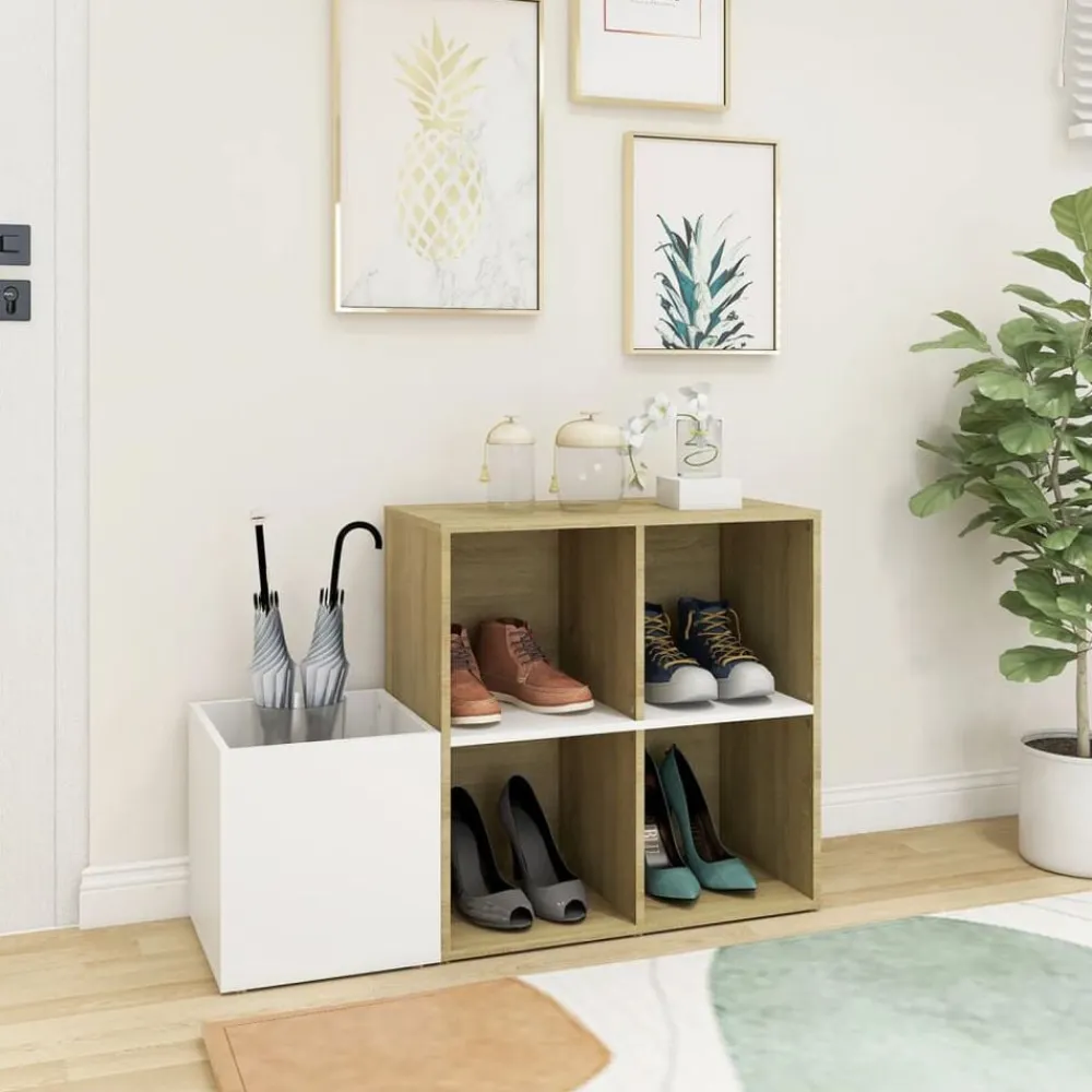 vidaXL Zapatero de recibidor contrachapado blanco roble 105x35,5x70 cm Blanco y roble sonoma Online