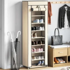 vidaXL Zapatero de tela con funda color 57x29x162 cm Crema Sale