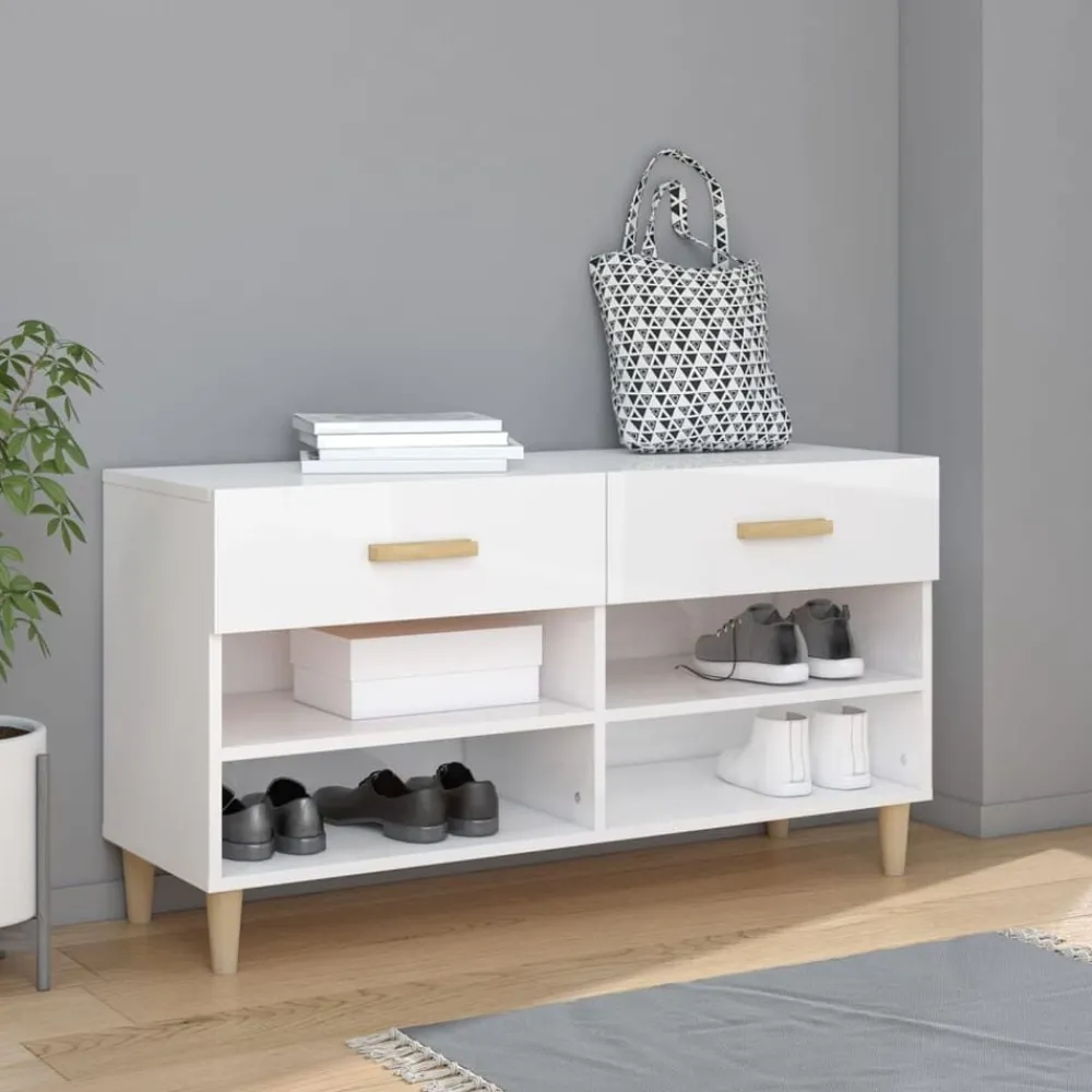 vidaXL Zapatero madera contrachapada blanco brillo 102x35x55 cm Blanco brillante Hot
