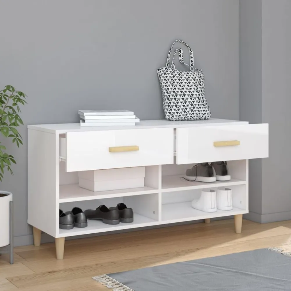vidaXL Zapatero madera contrachapada blanco brillo 102x35x55 cm Blanco brillante Hot