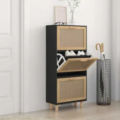 vidaXL Zapatero madera contrachapada ratán natural 52x25x115 cm Negro Outlet