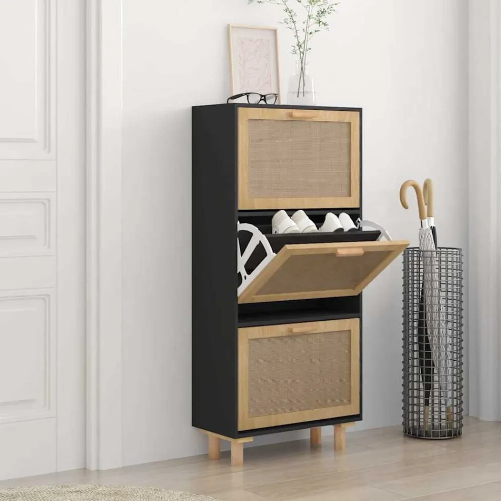 vidaXL Zapatero madera contrachapada ratán natural 52x25x115 cm Negro Outlet