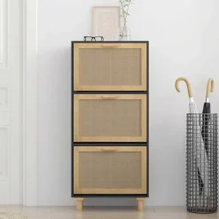 vidaXL Zapatero madera contrachapada ratán natural 52x25x115 cm Negro Outlet